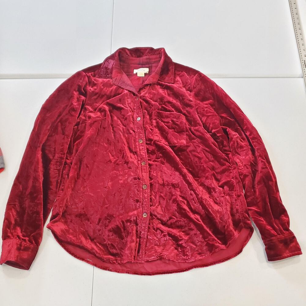 Anthropologie Shirt Womens Small Red Velvet Button Front Collared Long Sleeve
